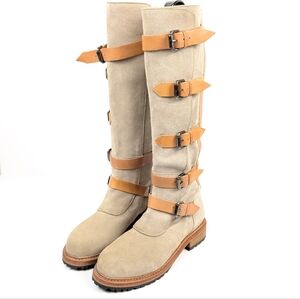 Free People Tristie Tan Suede Tall Buckle Boots Size 6.5